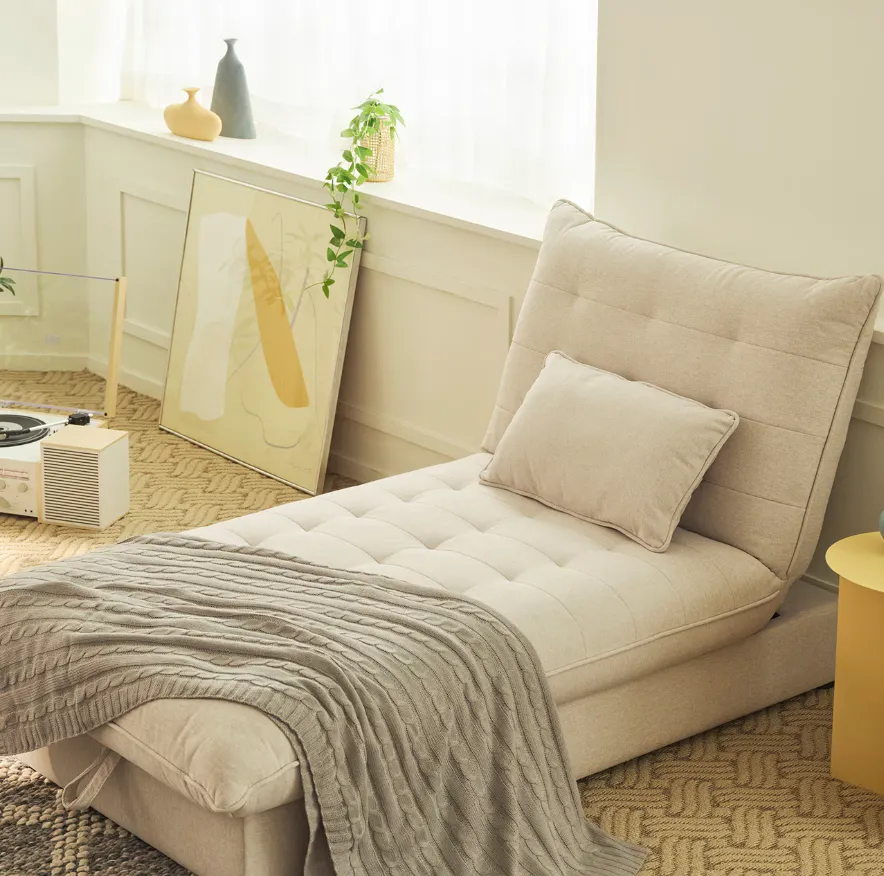 Tessa L-Shaped Sofa Bed - Beige (Eco Clean Fabric) - 9 - Cream tufted sofa, beige cushion, textured blanket, modern decor