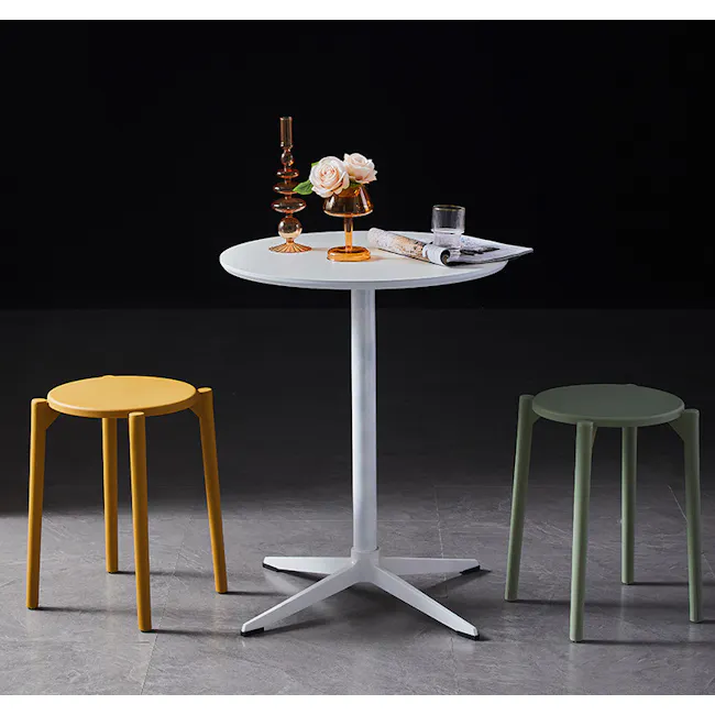 Olly Pastel Stackable Stool - Sage - 3 - Round white table, minimalist design, modern furniture, yellow and green stools