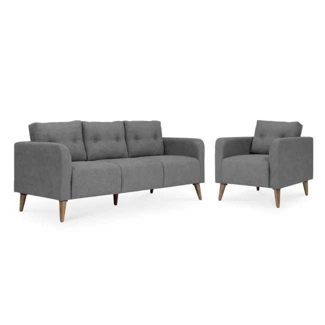 Bennett 3 Seater Sofa with Bennett Armchair - Gray Owl - 1 - Grey upholstered sofa, modern design, wooden legs, armrests