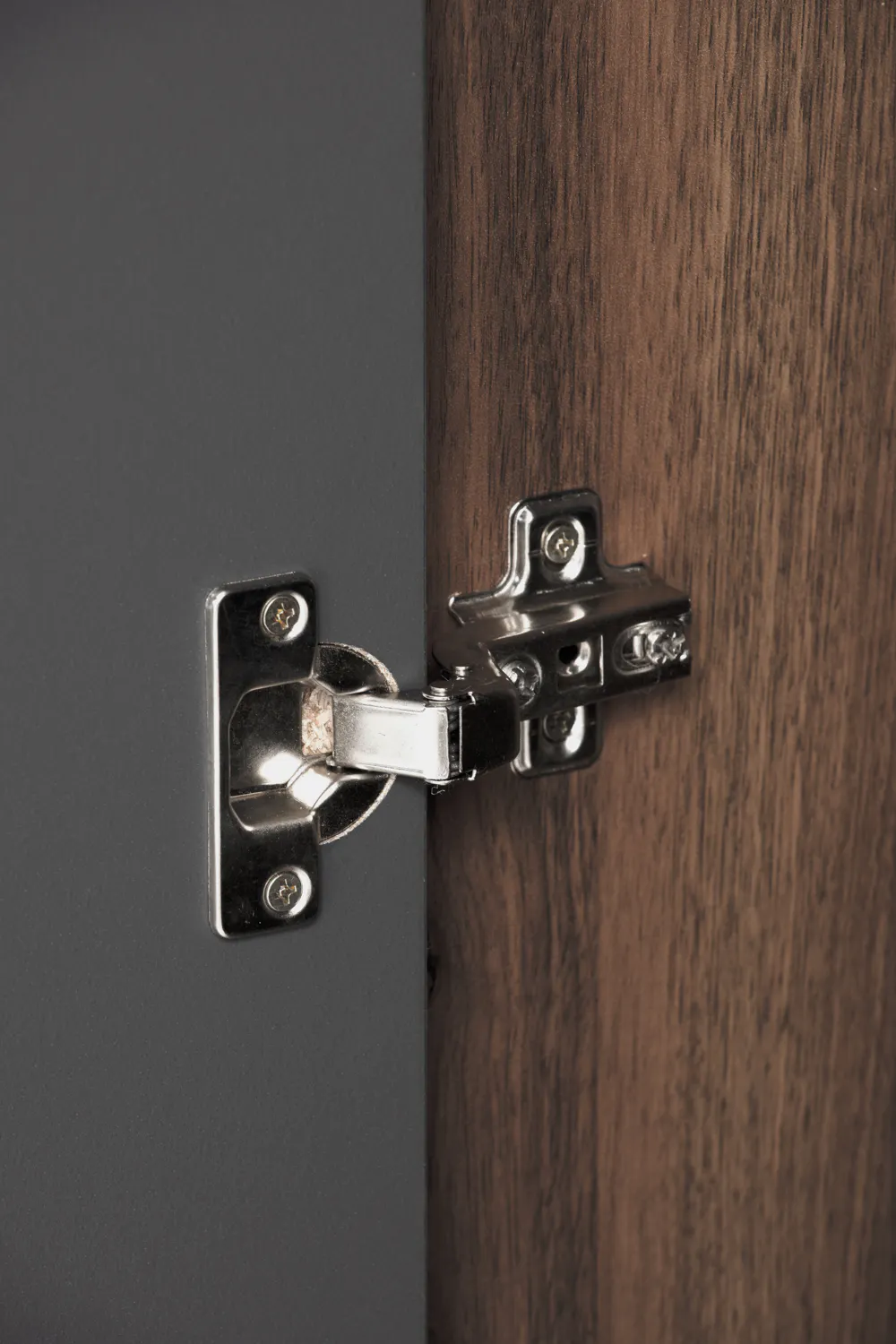 Miah 3 Door Wardrobe - Walnut, Grey - 16 - Wooden door hinge, metal hinge, wooden texture, dark gray wall, wooden door