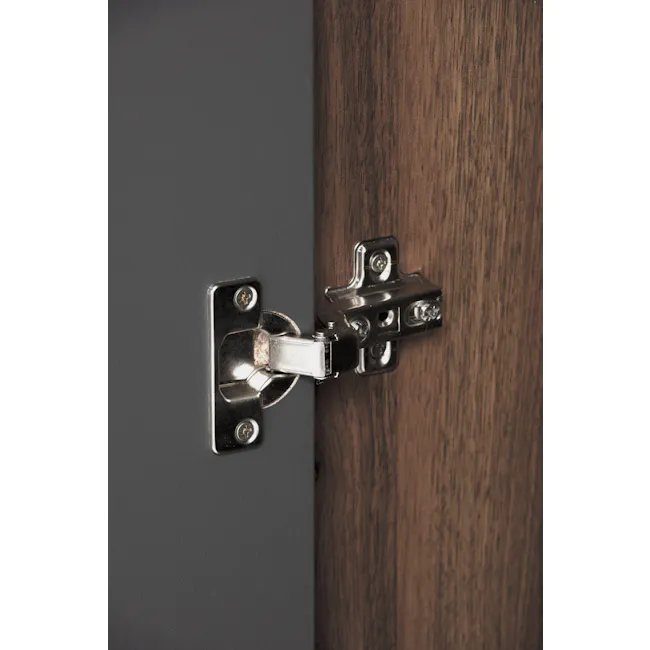 Miah 3 Door Wardrobe - Walnut, Grey - 16 - Wooden door hinge, metal hinge, wooden texture, dark gray wall, wooden door