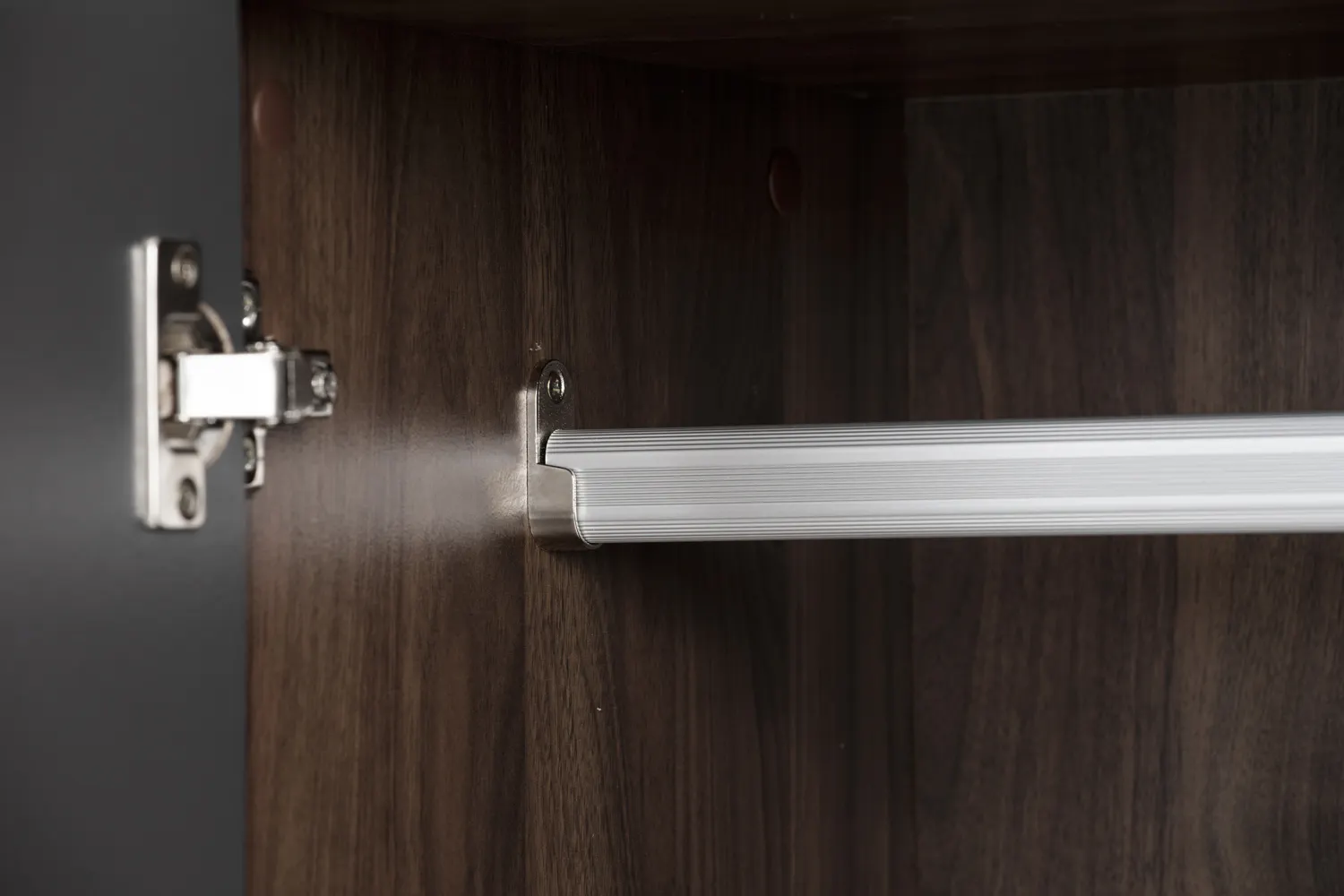 Miah 3 Door Wardrobe - Walnut, Grey - 15 - Wooden cabinet door, metallic hinge, white shelf rail, dark wood texture, cabinet