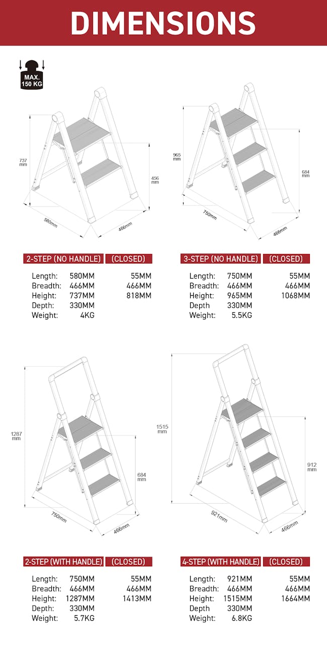 Rene Hashigo Ultra Slim 4 Step Stool with Handle - Silver - 3