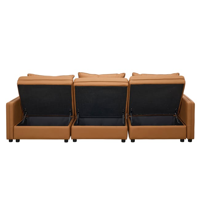 Cameron 4 Seater Storage Sofa - Tan (Pet Friendly) - 5 - Brown leather recliner with black cushion covers, three-seater