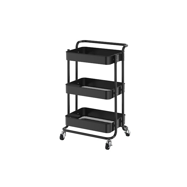 Rene Cielo Household Metal Storage Pushing Cart - Black - 1 - Black metal rolling cart with three shelves, Ergonomic