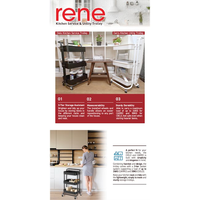 Rene Cielo Household Metal Storage Pushing Cart - Black - 6 - Kitchen Service Trolley, 3-Tier Storage Assistant