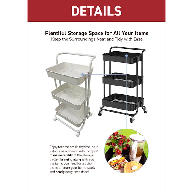 Rene Cielo Household Metal Storage Pushing Cart - Black - 5 - Plentiful storage space, keep surroundings neat and tidy, easy