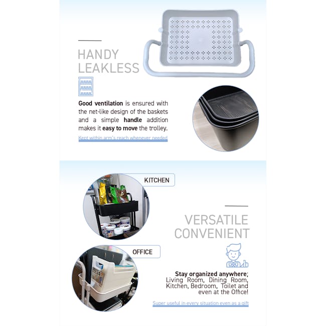 Rene Cielo Household Metal Storage Pushing Cart - Black - 4 - Ventilation, easy to move, net-like design, simple handle