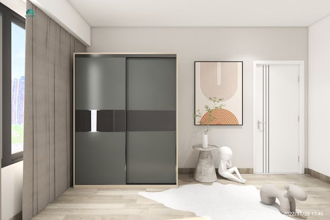 Lorren Sliding Door Wardrobe 1 with Glass Panel - Graphite Linen, Herringbone Oak - 2