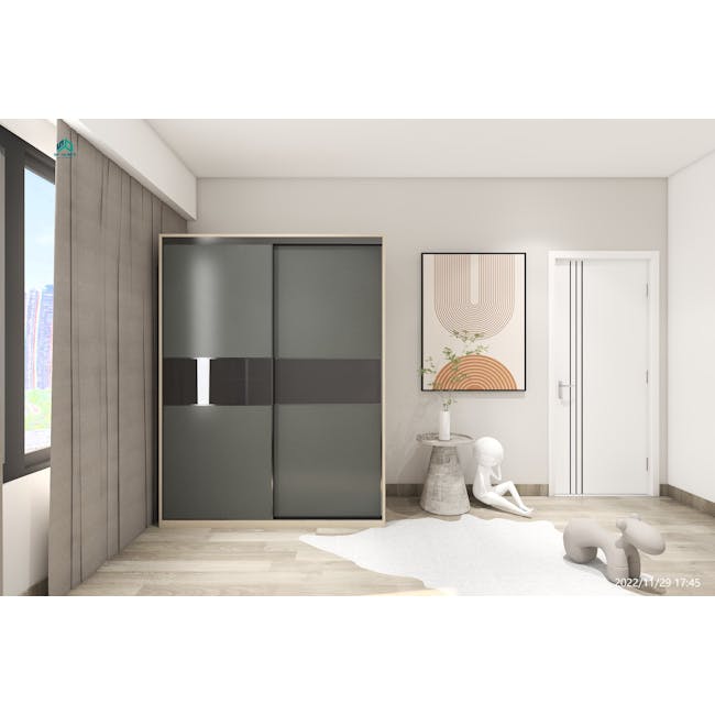 Lorren Sliding Door Wardrobe 1 with Glass Panel - Graphite Linen, Herringbone Oak - 2