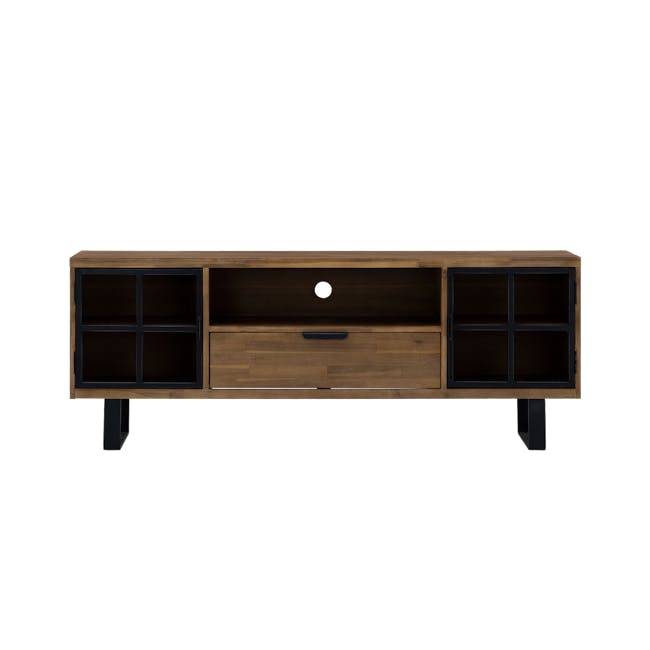 Dakota TV Console 1.8m - 1 - Wooden TV cabinet with black metal frame, minimalist design, open shelving, built-in storage