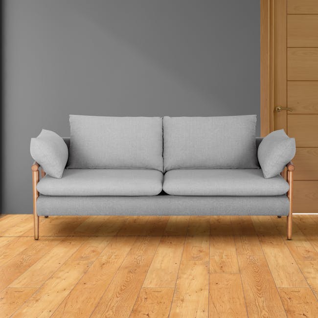 Astrid 2 Seater Sofa - Natural, Slate - 3 - Light gray sofa, wooden legs, light brown wooden floor, modern design, neutral