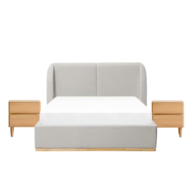 Nova King Storage Bed in Light Grey Boucle with 2 Natalia Bedside Table - 1 - Modern minimalist bed with light gray