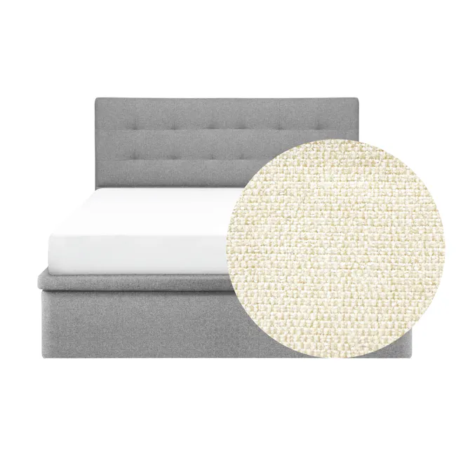 ESSENTIALS Queen Headboard Storage Bed - Oat (Eco Clean Fabric) - 1 - Grey upholstered headboard, white mattress, textured