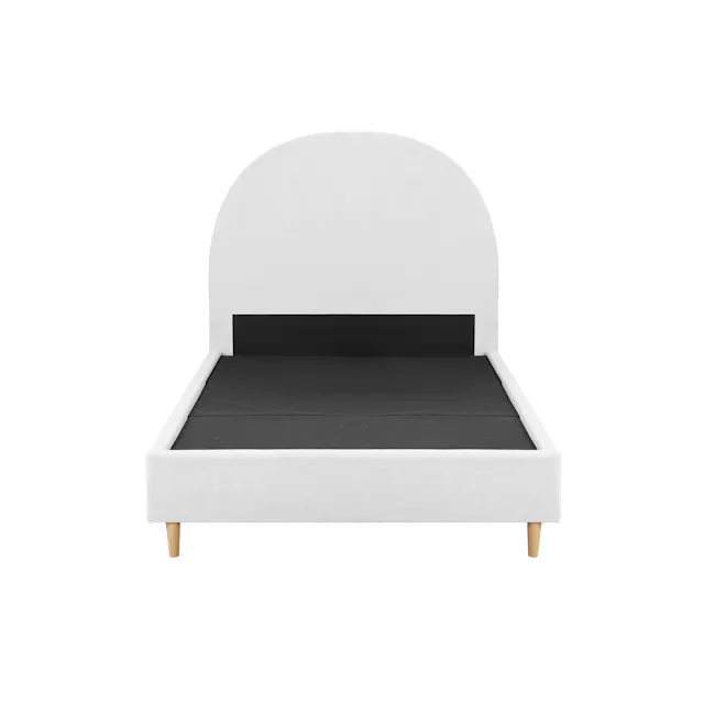 Aspen Single Bed - Cloud White - 3 - White bed frame with black mattress, minimalist design, clean lines, wooden legs, soft