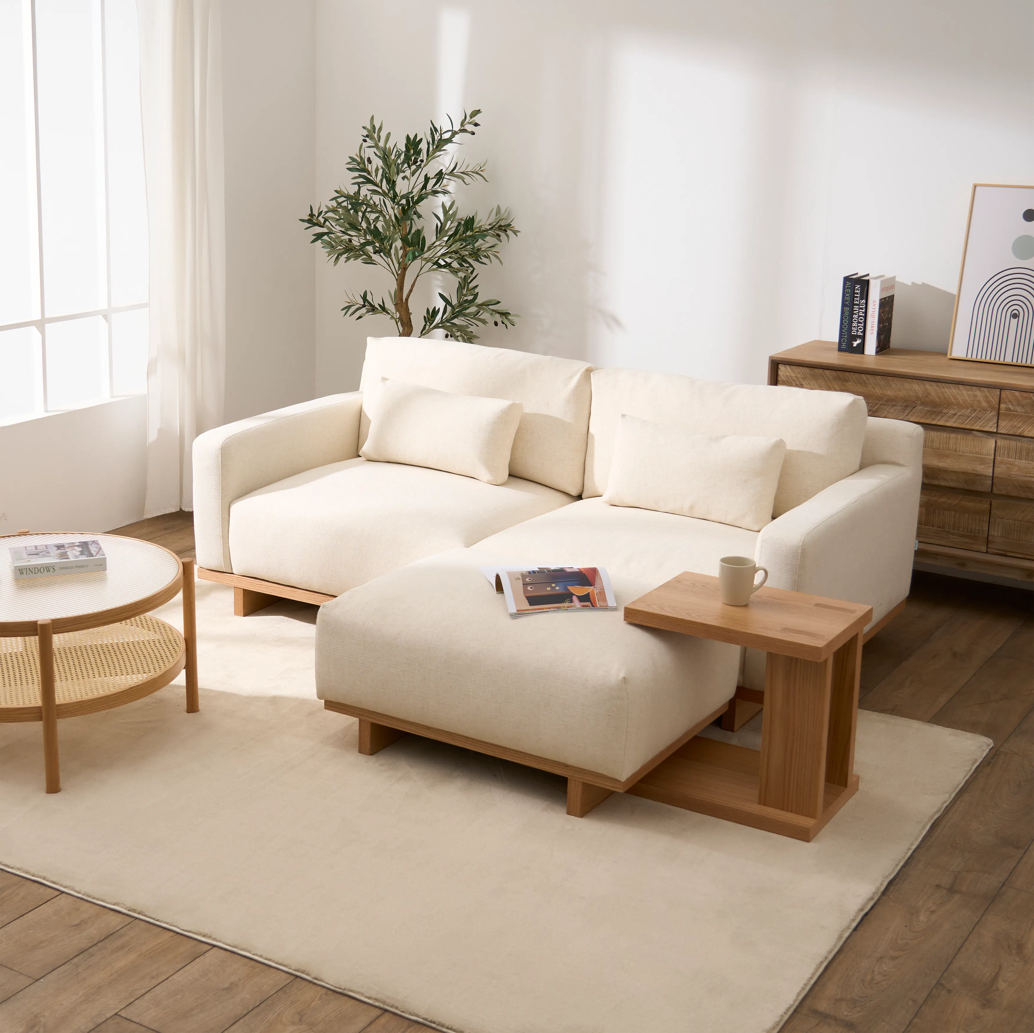 Miu 3 Seater Lounge Sofa - 10 - Minimalist living room, modern furniture, beige sectional sofa, wooden coffee table, natural