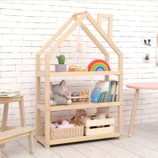 Nizu Kids House Low Shelf - 6 - Children's playhouse with various toys, wooden shelves, rainbow plate, cactus, toy truck