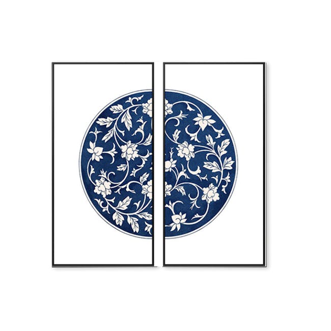 Modern Chinese Medallion Canvas Print with Black Frame 50cm x 100cm (Set of 2) - Blue Bloom - 0