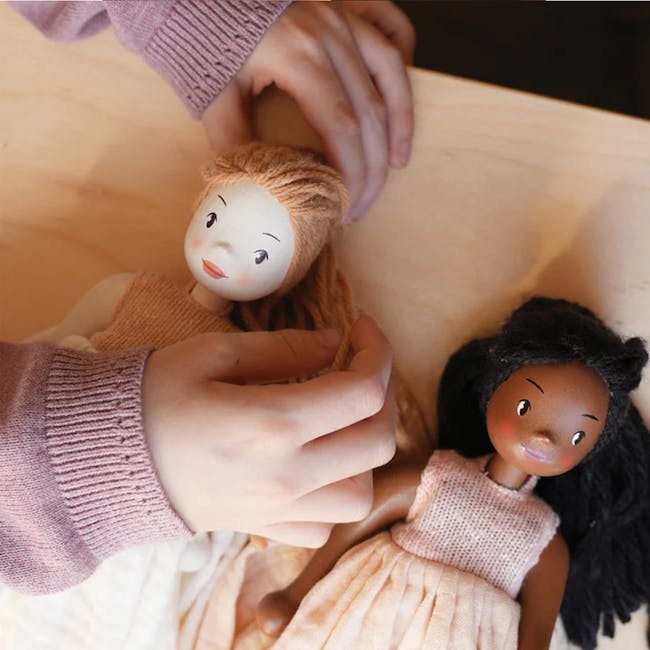 Tender Leaf Ferne Wooden Doll - 2 - Softly woven fabric doll, hands gently holding hair, pink knitted sweater, wooden