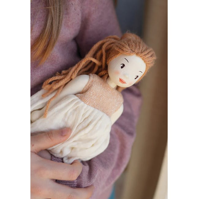 Tender Leaf Ferne Wooden Doll - 6 - Softly woven fabric, doll with braided hair, pastel-colored garment, delicate
