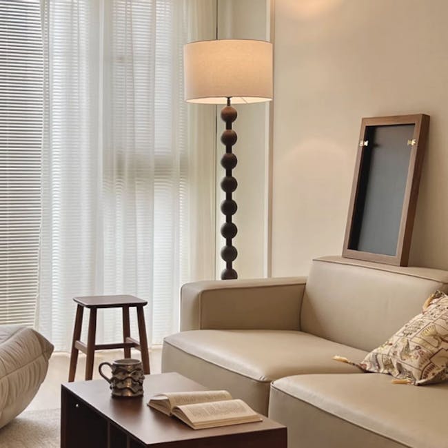 Chestan Beaded Floor Lamp - Walnut - 5 - Modern minimalist living room, cozy seating area, neutral color palette, large