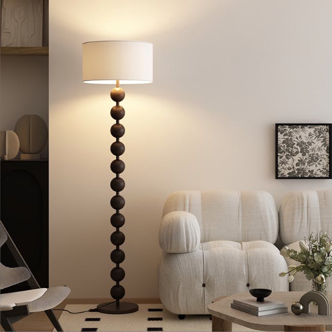 Chestan Beaded Floor Lamp - Walnut - 2 - Modern minimalist living room, elegant floor lamp, warm ambient lighting, stylish