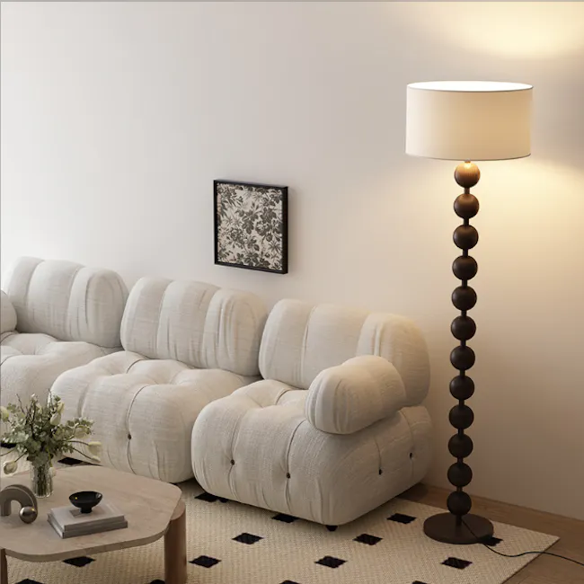Chestan Beaded Floor Lamp - Walnut - 3 - Cream-colored, modern sofa, minimalist decor, elegant lamp, soft lighting, cozy