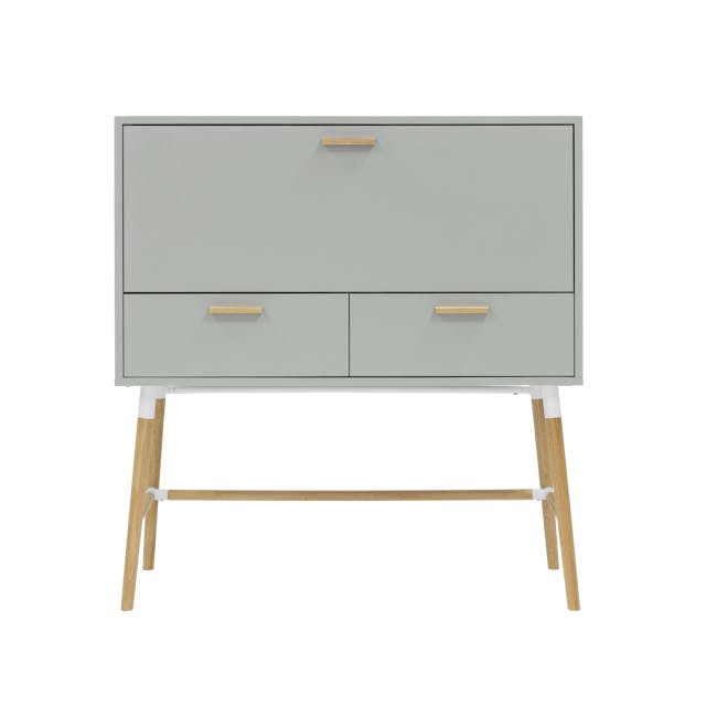 Arod Study Table 1m - White Grey - 6 - Light gray cabinet with wooden handles, minimalist design, wooden legs, open