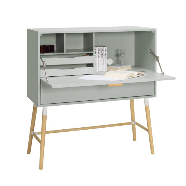 Arod Study Table 1m - White Grey - 4 - Office desk with built-in shelves, light gray color, wooden legs, open drawer, white