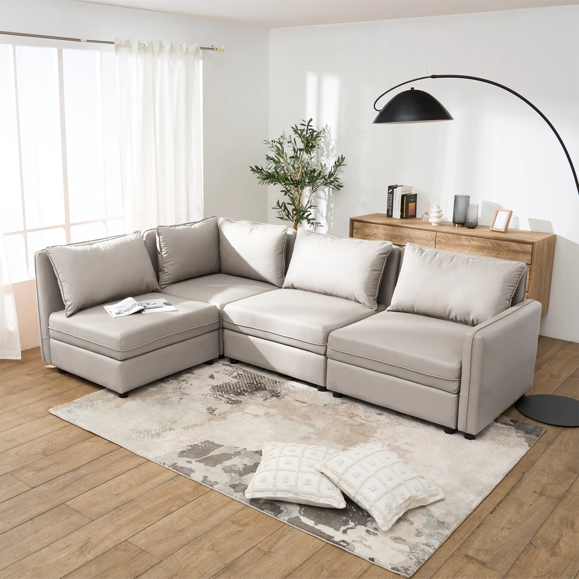 Cameron Left Storage Arm Unit - Grey (Pet Friendly) - 11 - Modern living room with beige sectional sofa, large window with