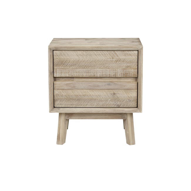 Leland King Bed with 2 Leland Twin Drawer Bedside Tables - 5 - Wooden dresser with visible grain texture, light beige color