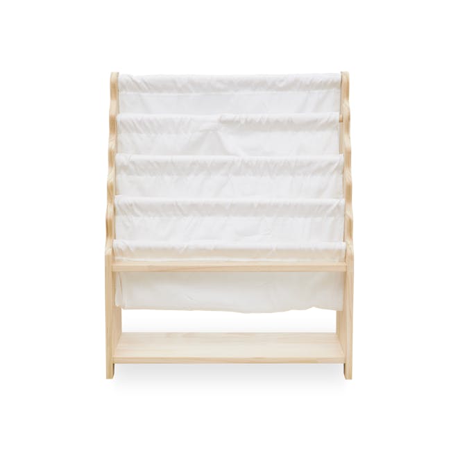 Nizu Kids 5-Tier Book Shelf - White - 2 - Wooden bed frame, white bedding, wooden slats, wooden shelf, minimalist design
