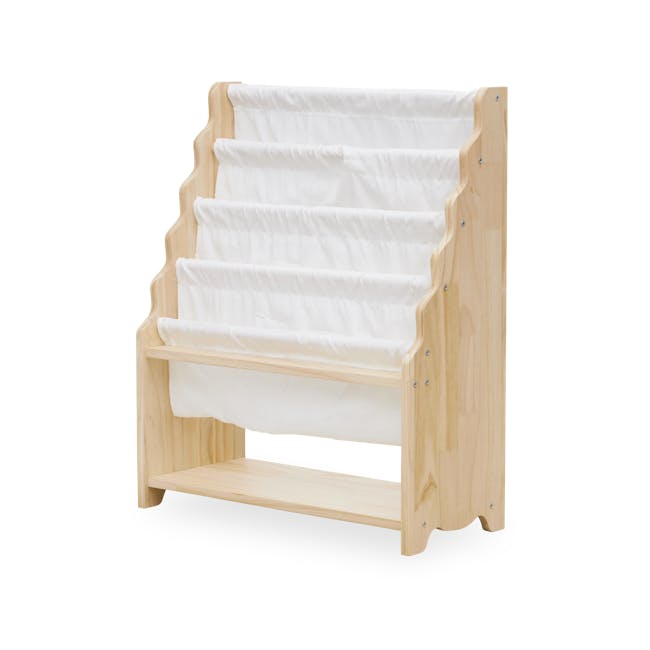 Nizu Kids 5-Tier Book Shelf - White - 1 - Wooden crib with white bedding, light wooden frame, step ladder, soft mattress