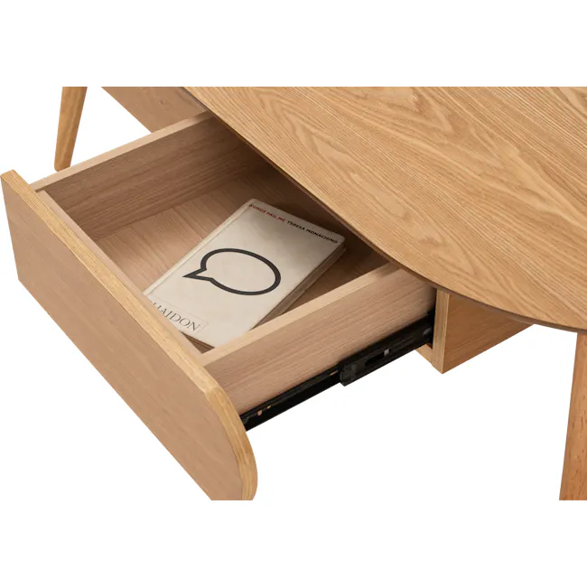 Ora Twin Drawer Coffee Table 1.2m - Natural - 11 - Wooden drawer, open drawer, book inside, beige book, words fail me