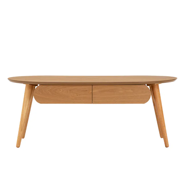 Ora Twin Drawer Coffee Table 1.2m - Natural - 9 - Wooden table with curved legs, minimalist design, natural wood finish