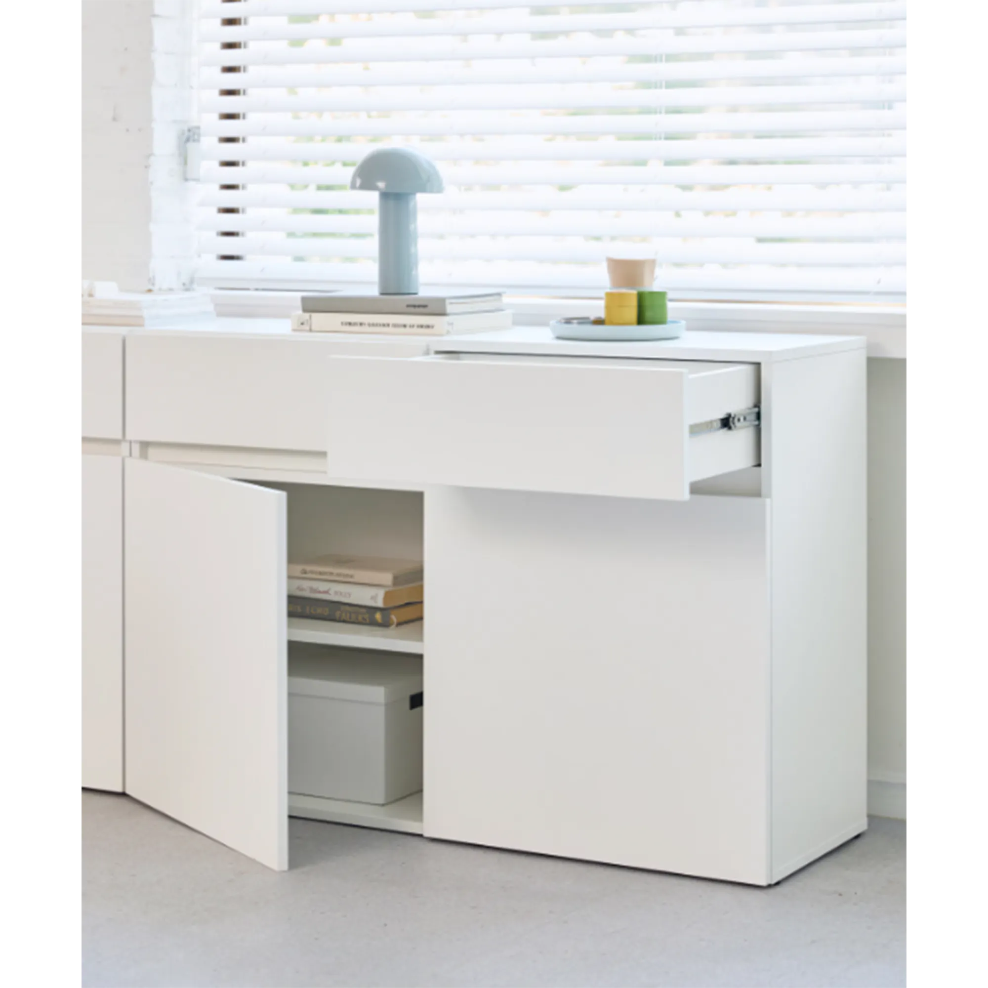 Benson Modular Cabinet 1.2m - 10 - White desk with open drawers, minimalist design, modern decor, white cabinets, open