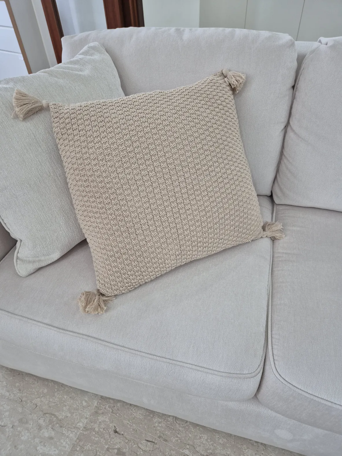 Customer home photo 3: Colour is darker than anticipated - it is more beige than cream. Nonetheless, it is well made, material is pretty thick. Good quality.