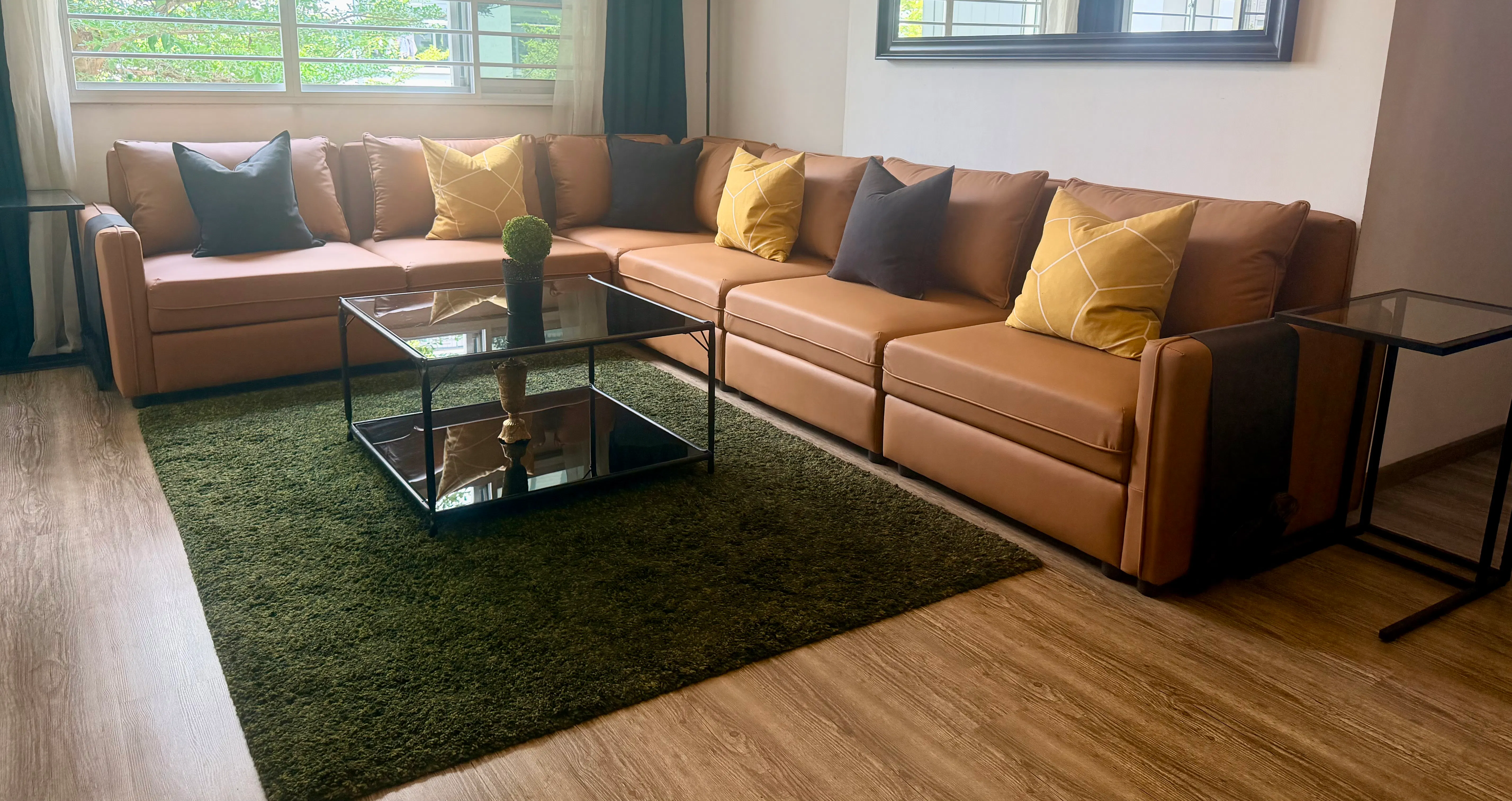 Customer home photo 1: Love the sofa, added 1 armless portion.  The material, firmness, colour & size  is just right for me.