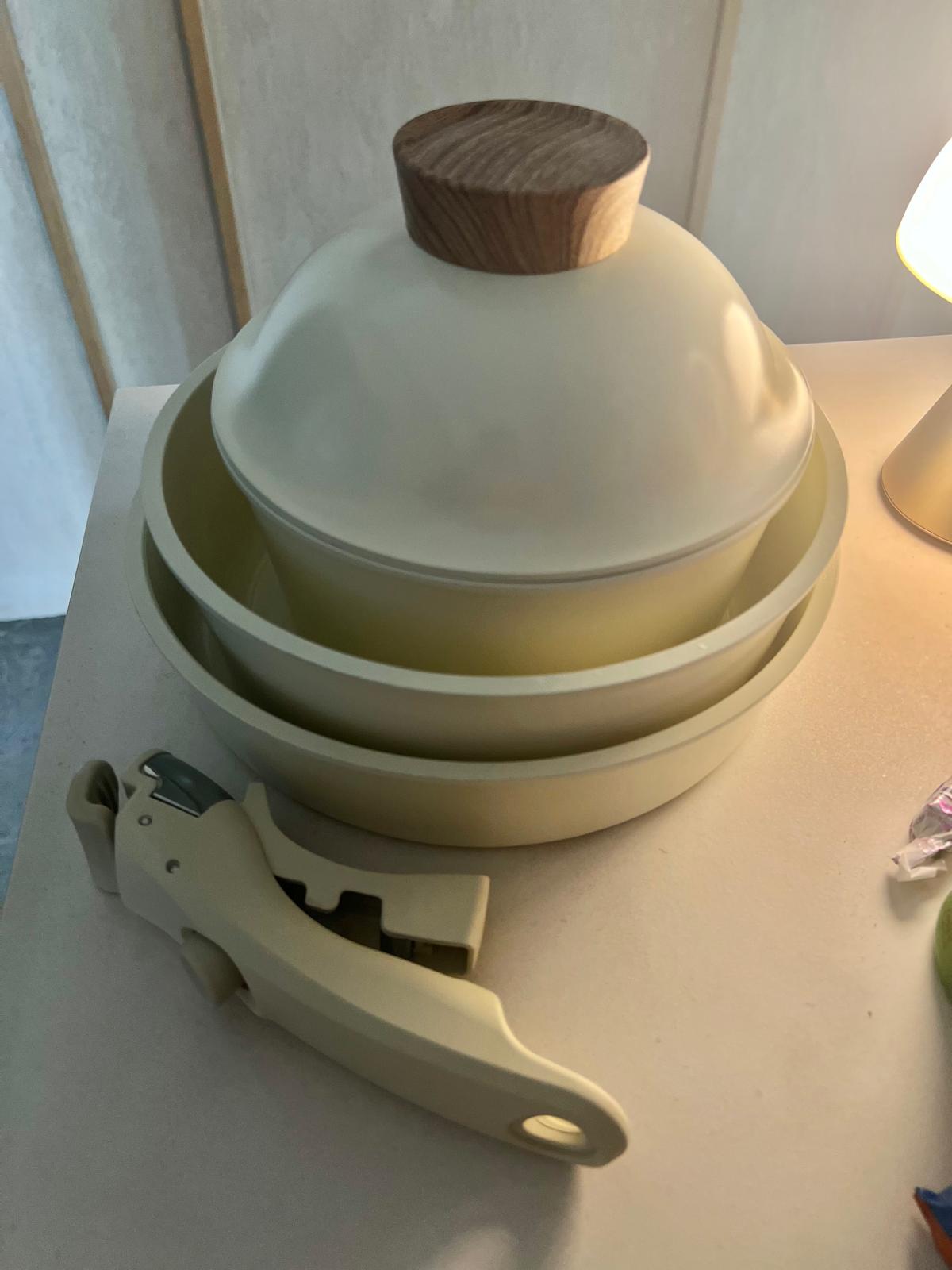 Customer home photo 30: Aesthetically pleasing and genuinely non-stick. Comes with a lid for the small pot only, the other two pans are lidless.