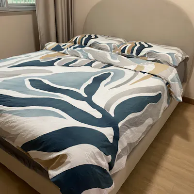 Customer home photo 1: Love the bedframe. It is light, easy to push yet sturdy. The colour complements my room well. Overall, satusfied with my purchase.