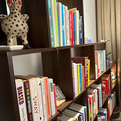 Customer home photo 5: Tall shelf (you can get in tall/medium/small) to hold books and other nick nacks.