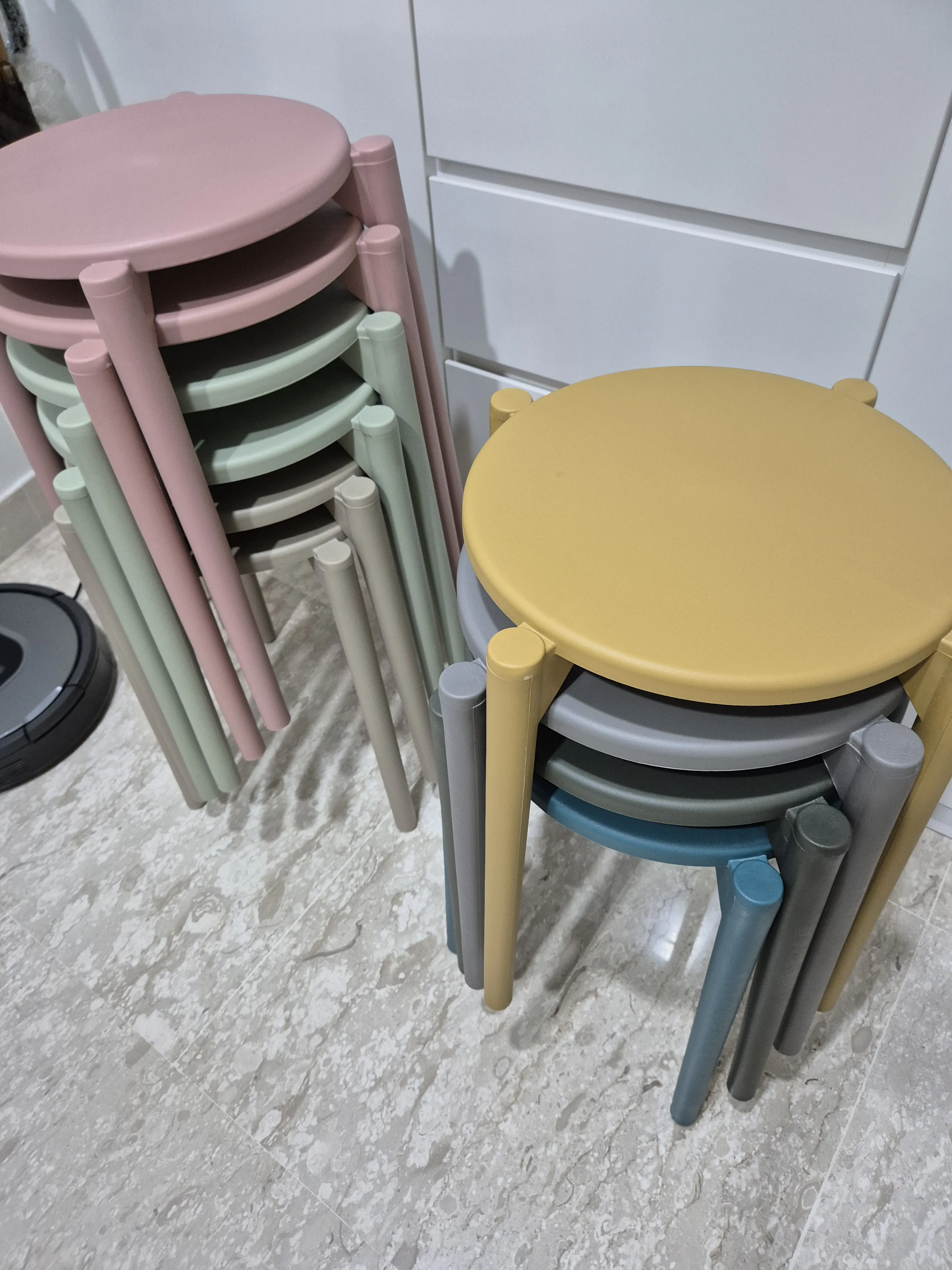 Customer home photo 1: Stools were well protected when delivered - the seats of the stools were wrapped with thin foam sheets/bubble wrap, while the legs were wrapped in plastic. Stool is light weight, sturdy and pretty. 
This particular piece is slightly uneven, ie rocks/wobbles a little, but is stable once it is weighed down by a person's body weight.
