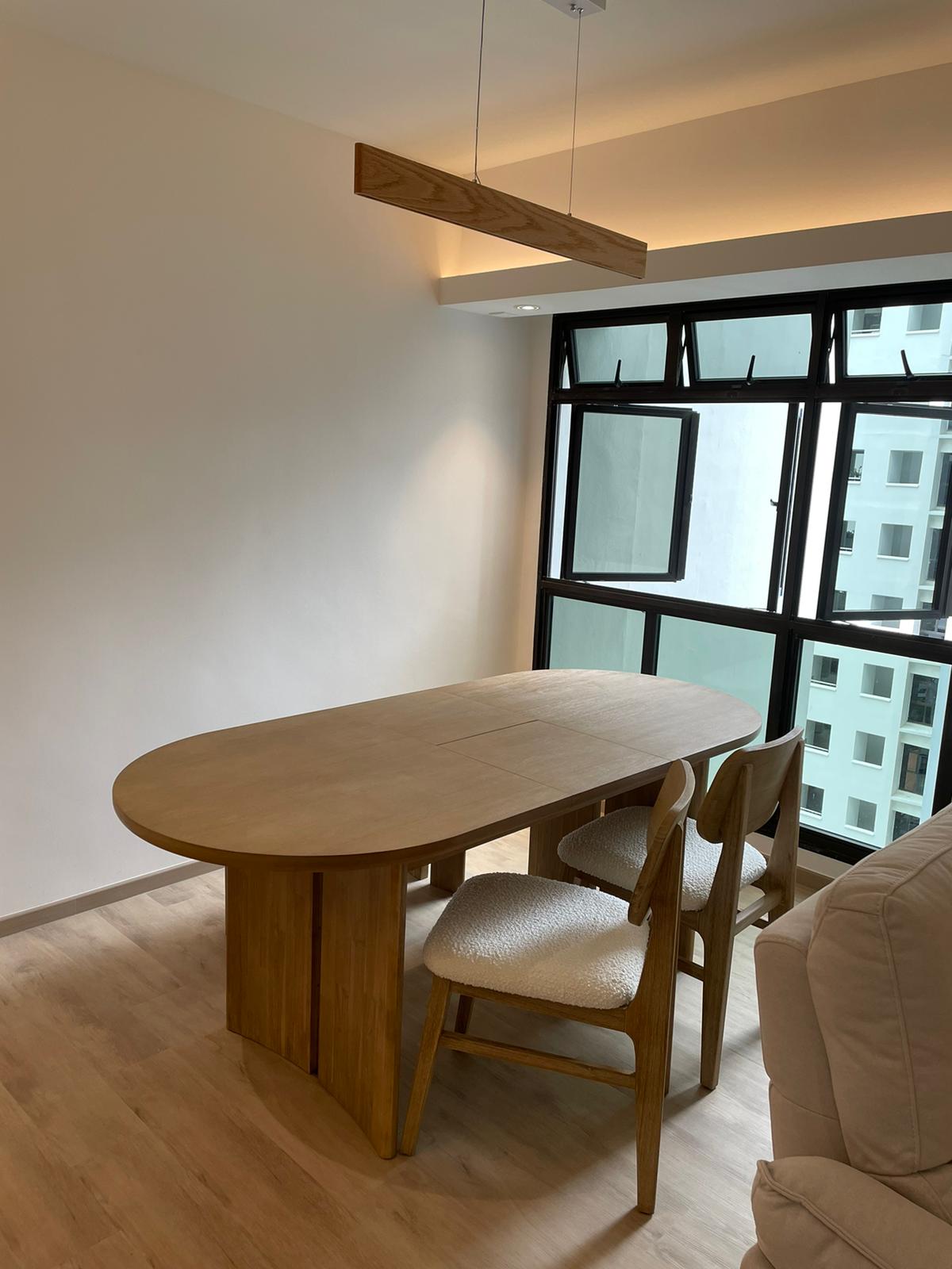 Customer home photo 1: Took us a long time to find a table set that matches the theme of the house. Great addition to the 4-room flat as it doesnt take up too much space, yet allow us to host a bigger group if needed with the extendable function. Very smooth mechanism.