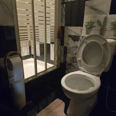 Customer home photo 1: Very unique toilet roll holder. The current toilet roll holder is on the left which may not be too convenient. Now anyone needing toilet paper and also take from the right. The holder is very unique and spare rolls are also stored below!