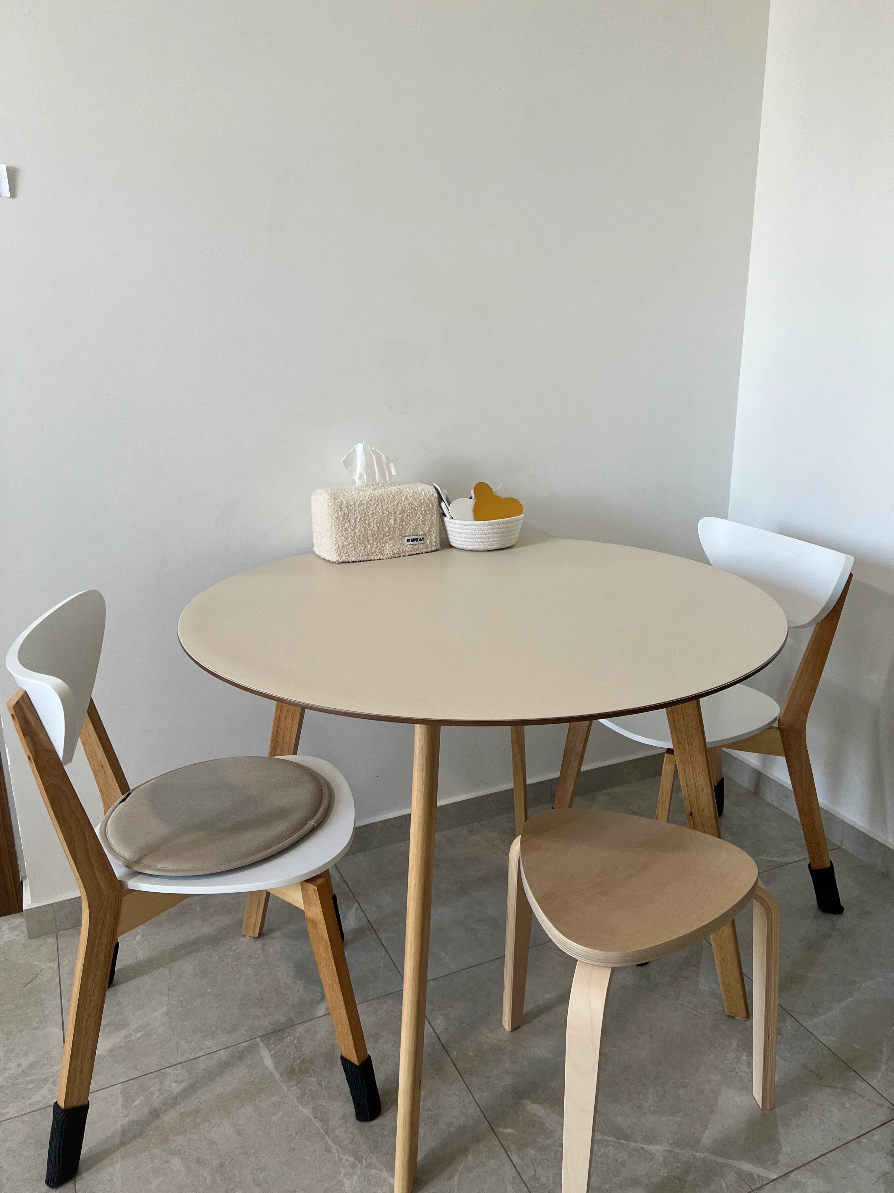 Customer home photo 34: I would say this as well-rounded and fine to every interior. When I got it there were a few paint stains but okay to ignore. The color is good with the table.