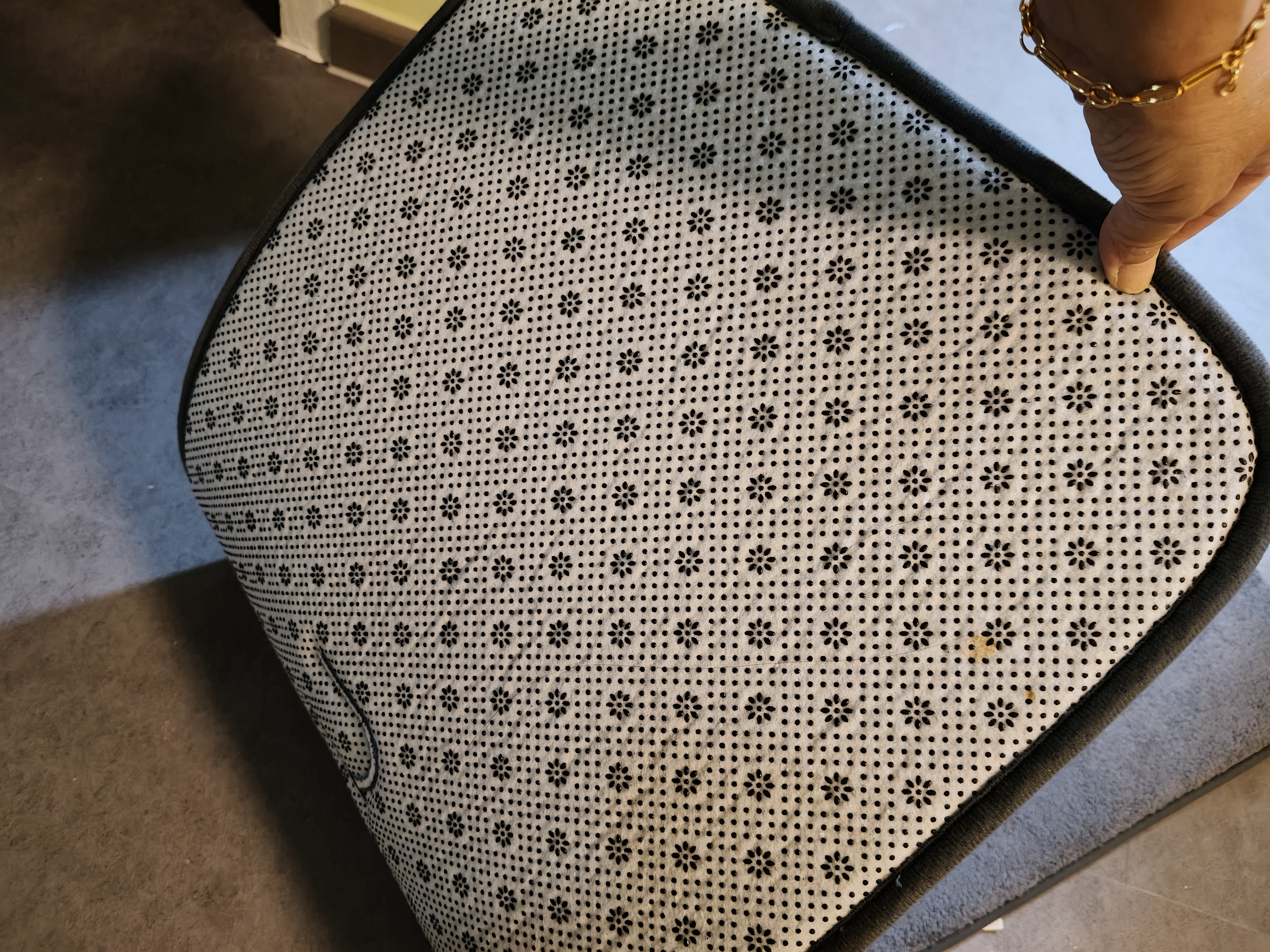 Customer home photo 1: Thick and look durable. Hopefully can absorb water. Love the word KITCHEN on the mat.