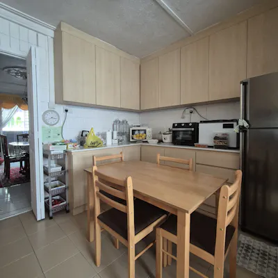 Customer home photo 3: It fits perfectly for my parents kitchen. The quality is top notch when I felt the texture of the table and chairs!