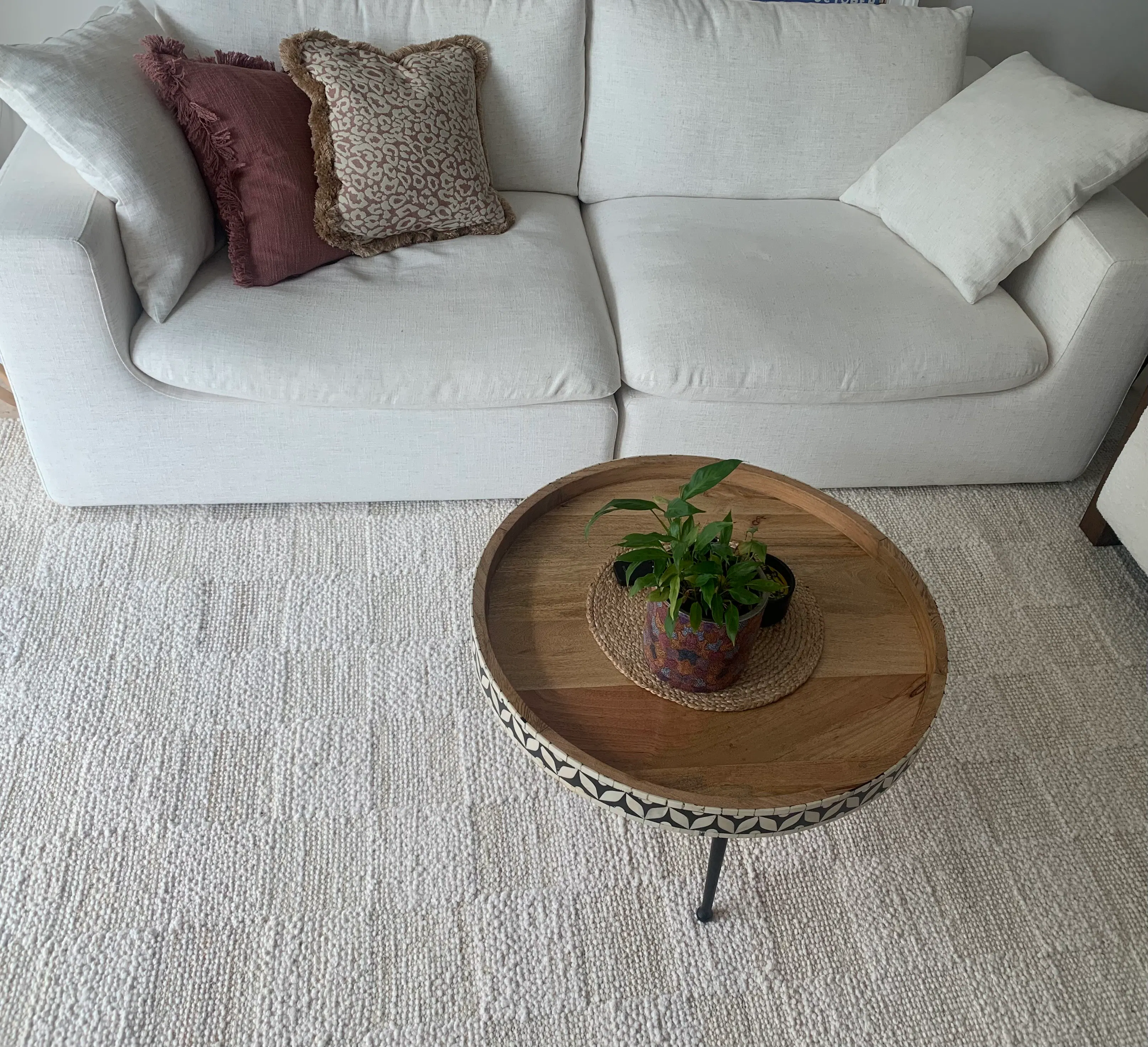 Customer home photo 1: Happy with my purchase, ordered the large size for my 230 cm sofa. Gives texture to the room while very neutral, soft feel (much softer than just jute!).