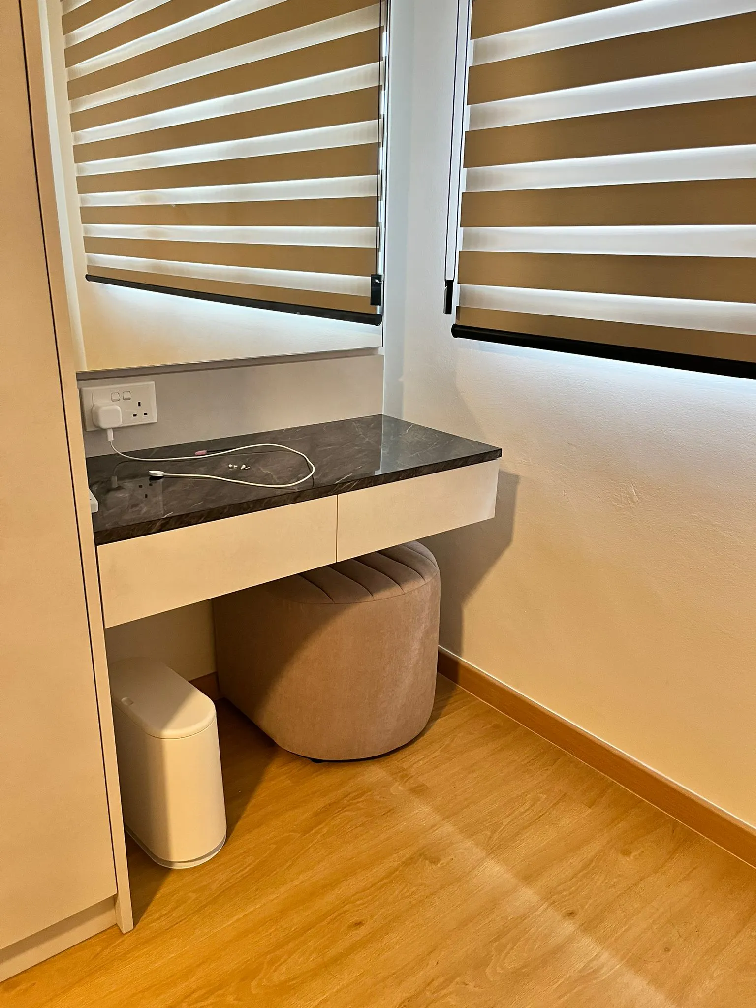 Customer home photo 1: Height is suitable for our vanity table. Quality is good, just that shifting the ottoman around will require carrying it without any handles, else it will be pushing against the floor.