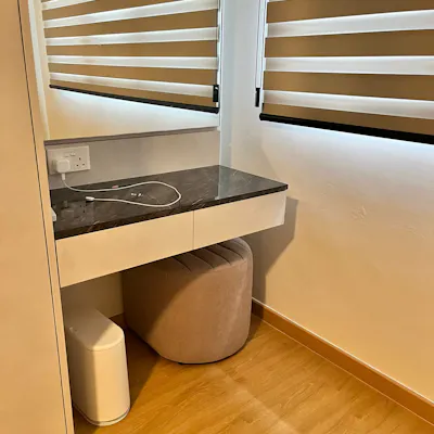 Customer home photo 1: Height is suitable for our vanity table. Quality is good, just that shifting the ottoman around will require carrying it without any handles, else it will be pushing against the floor.